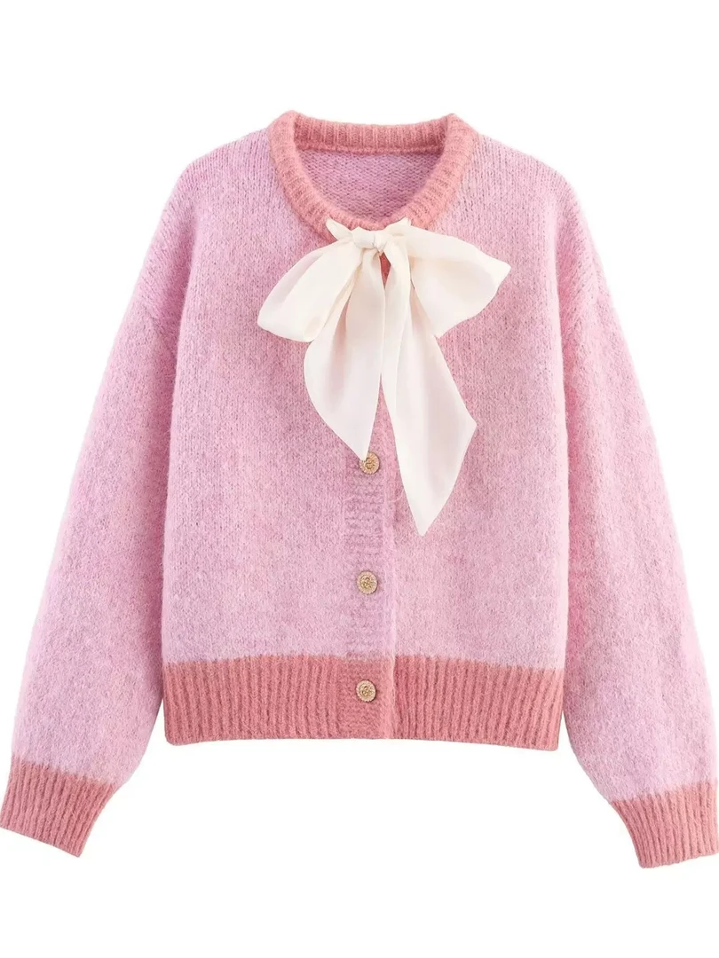 【蝴蝶结】2025年清新甜美风蝴蝶结装饰圆领针织开衫上衣8901