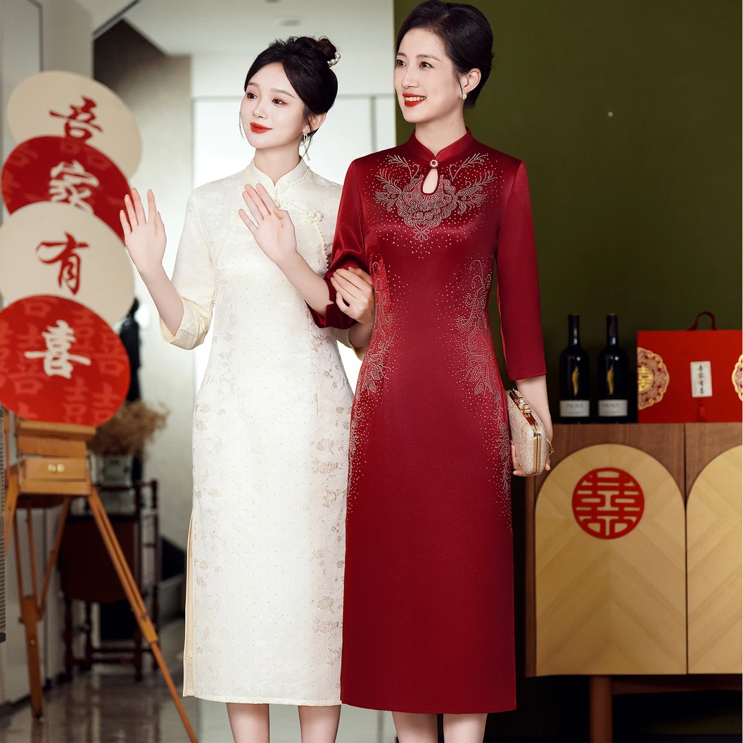 喜妈妈婚宴装礼服高端旗袍新款年轻喜婆婆夏装酒红色婚礼服连衣裙