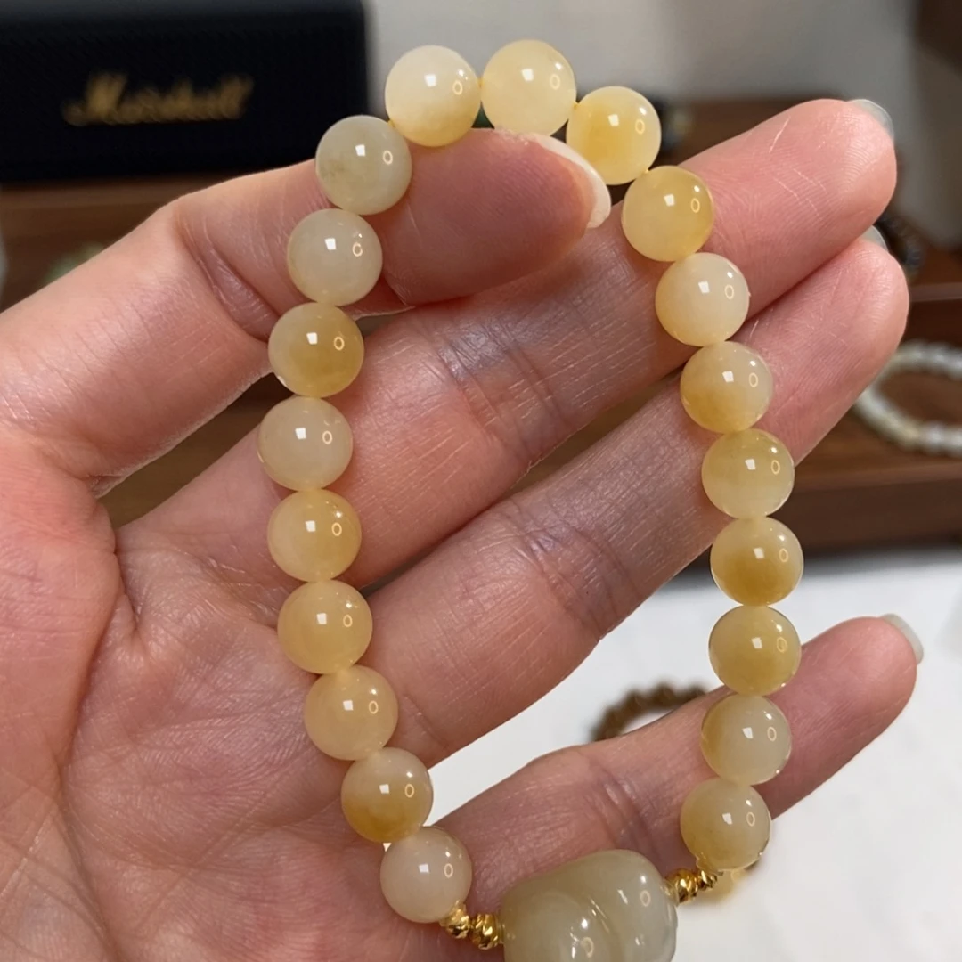 和田玉18K金镶嵌手链8mm糖白精品