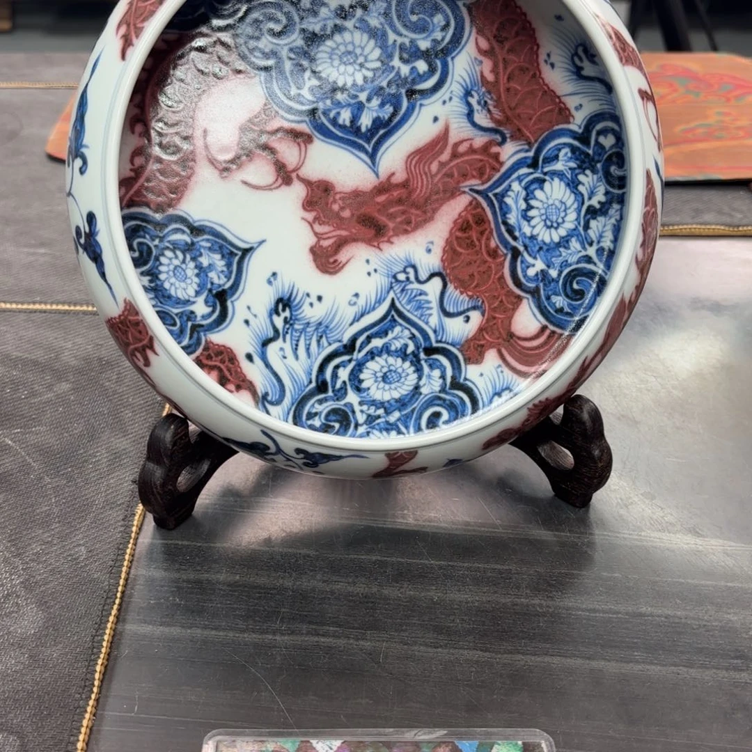 乌***哥手绘釉里红双龙水洗