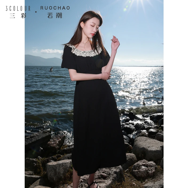 【商城专享】三彩大码女装夏季新款法式浪漫花边U领连衣裙收腰系带