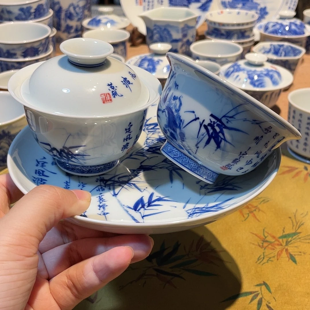 谜**笑定风波竹子盖碗➕壶承➕描银杯子…….