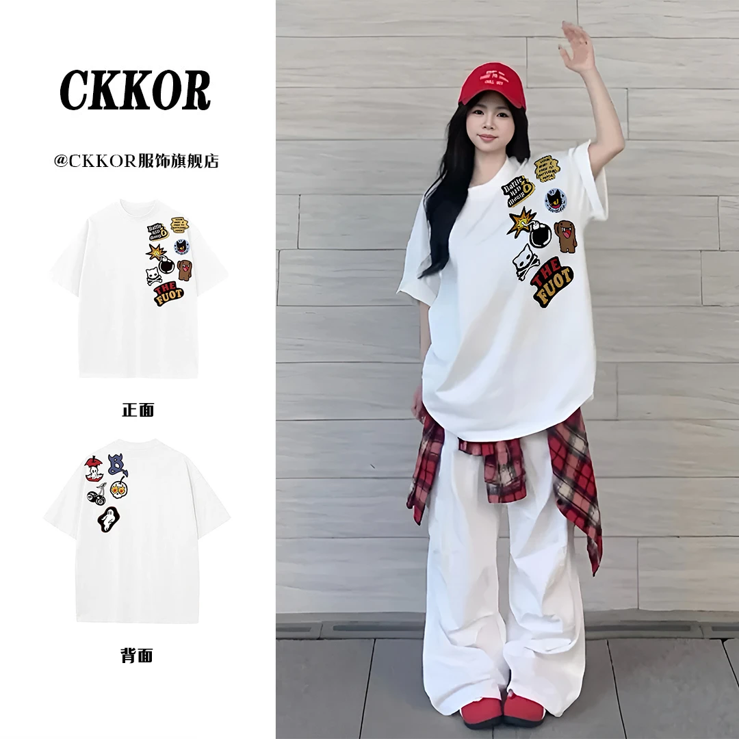 CKKOR日系新款穿搭圆领纯棉短袖t恤女卡通印花潮牌休闲百搭上衣服