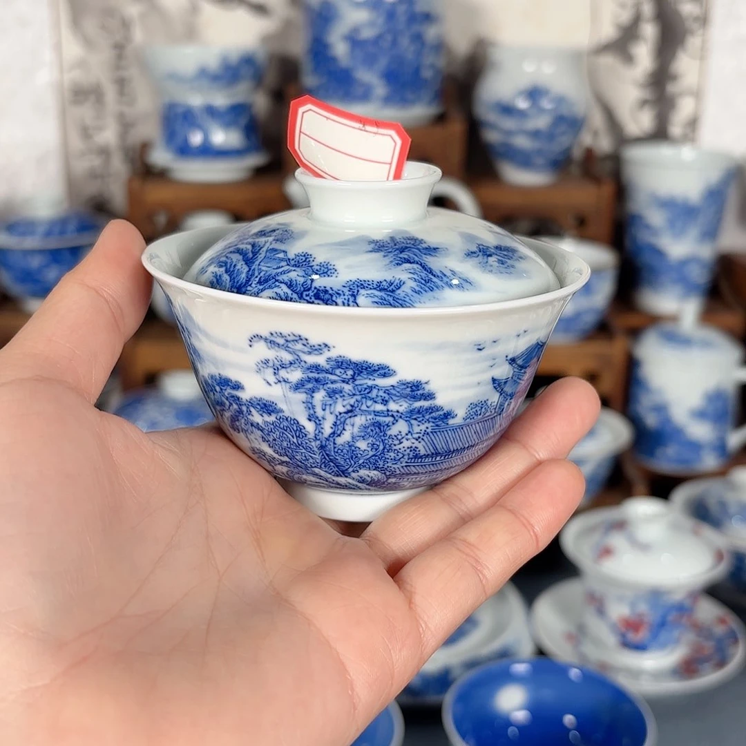 杯山*青花瓷器手绘作品盖碗