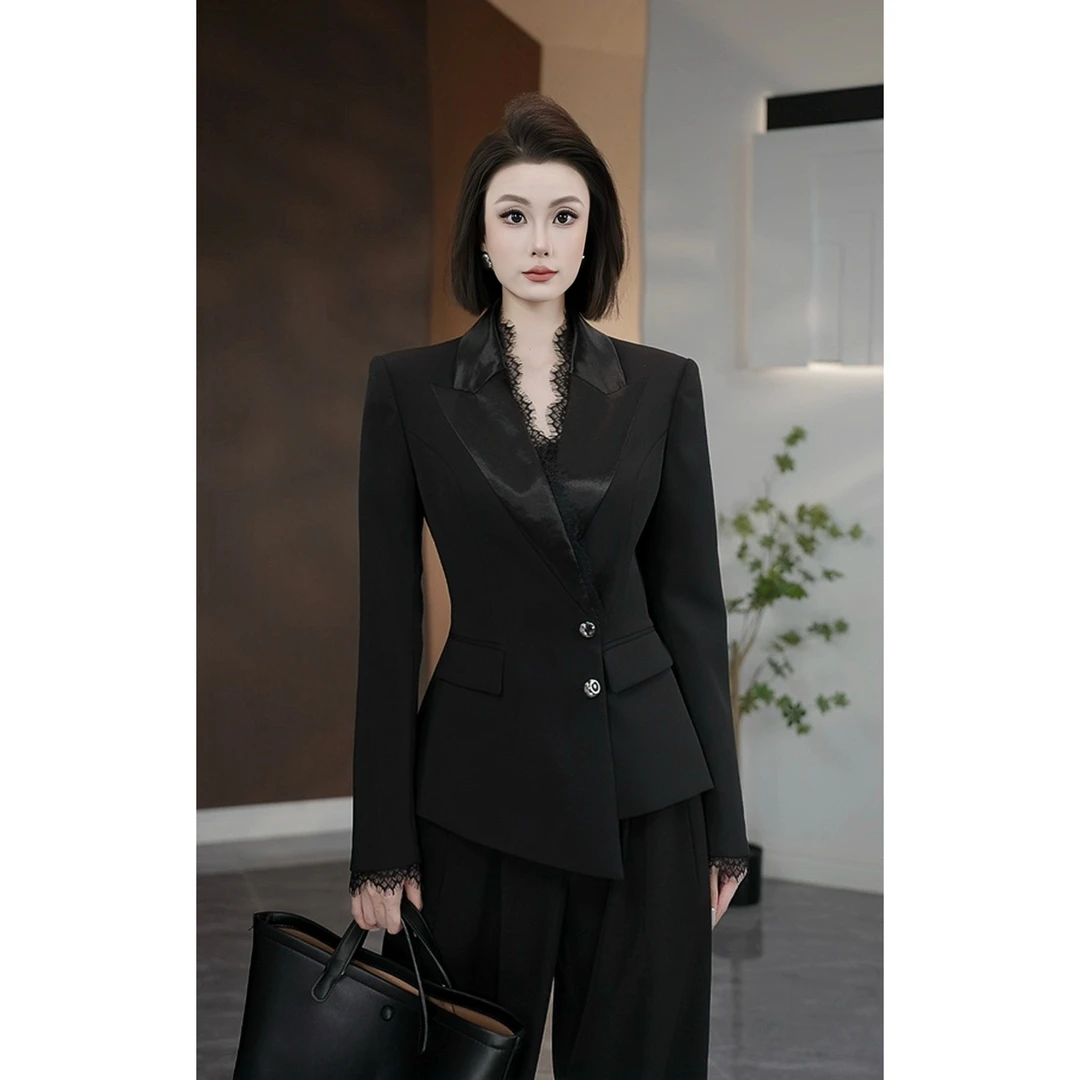 琦哥【灵感慕斯】原创蕾丝边时尚职业收腰显瘦黑色西装外套35379