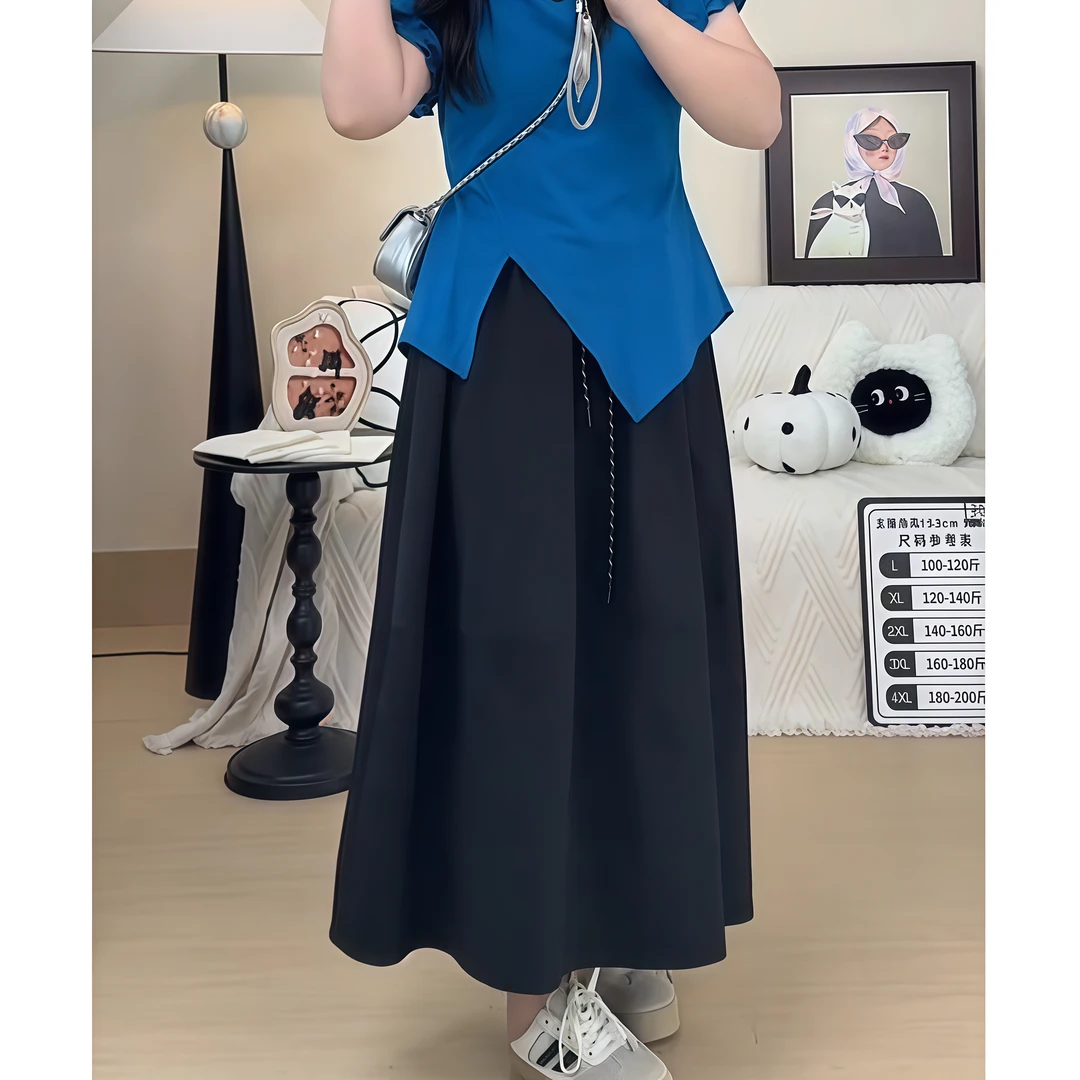 夏季新款大码胖mm女装松紧腰抽绳高腰修身显瘦a字裙中长款半身裙