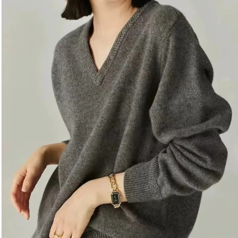 100%纯羊毛新款v领羊毛衫秋冬休闲时尚长袖针织衫 女士简约打底衫