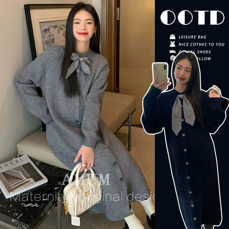 孕妇装秋冬装蝴蝶结长袖针织连衣裙时尚休闲怀孕裙子冬装孕妇裙冬