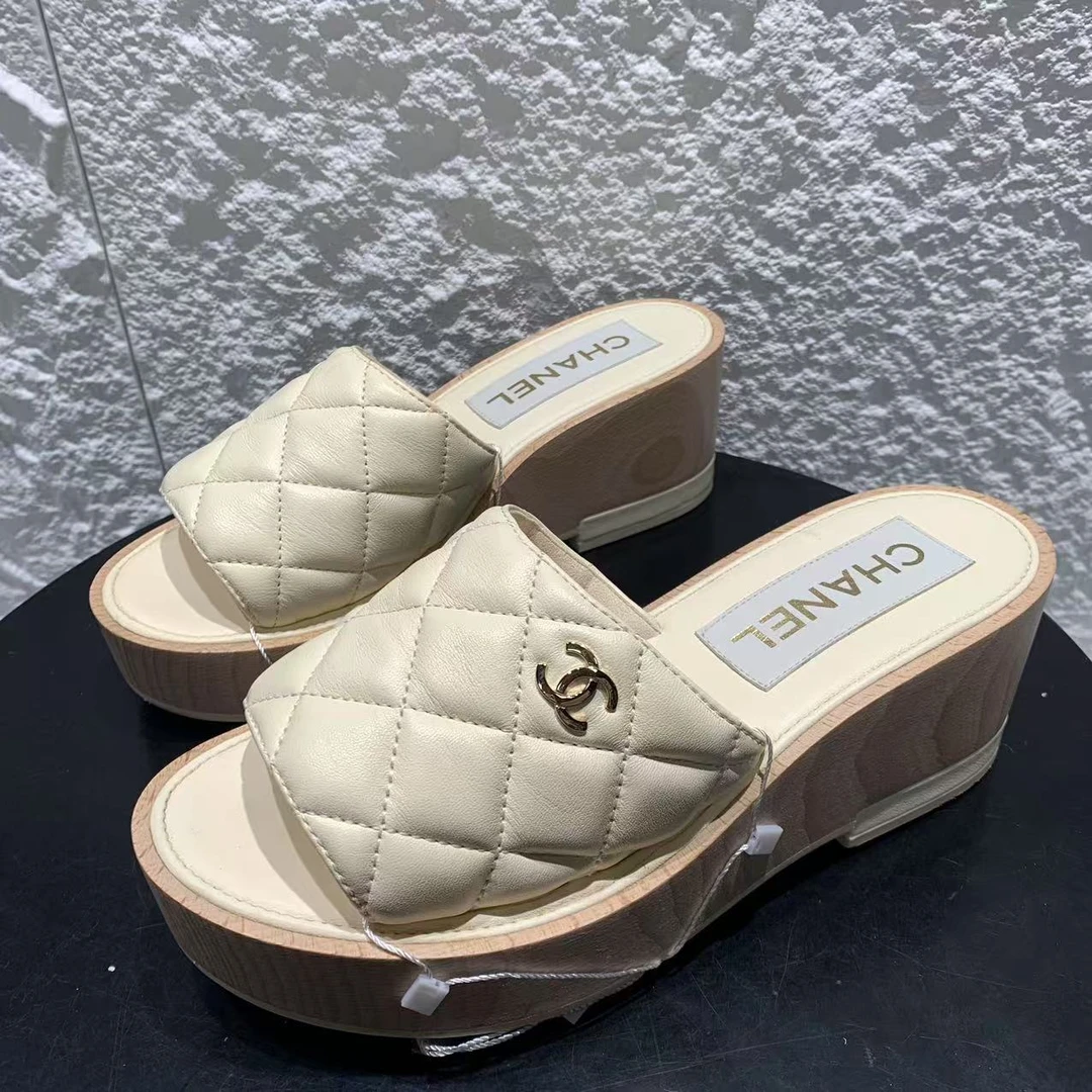 99新 Chanel/香奈儿 37码/仔仔女鞋/卡其色厚底女士经典拖鞋 1000