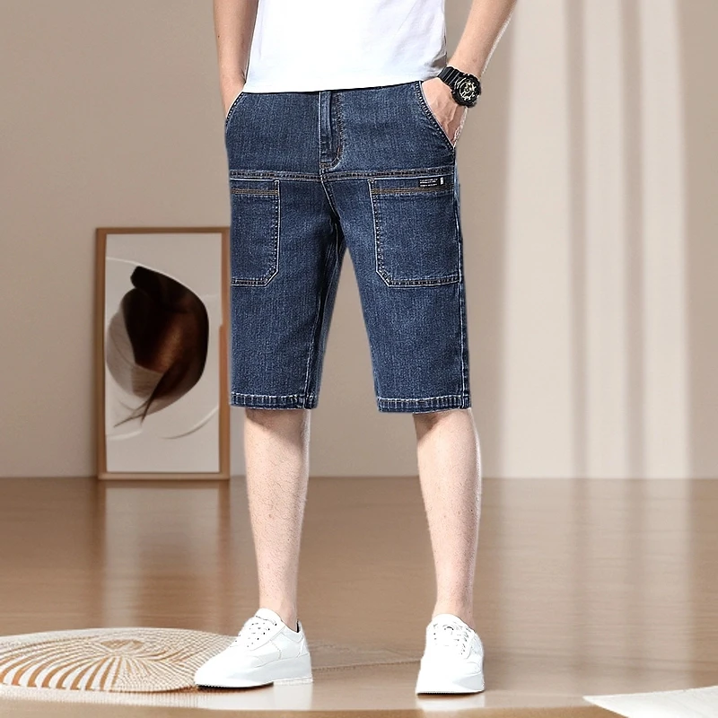 香港高端工装牛仔短裤男士夏季薄款宽松多口袋中裤潮牌五六分裤子