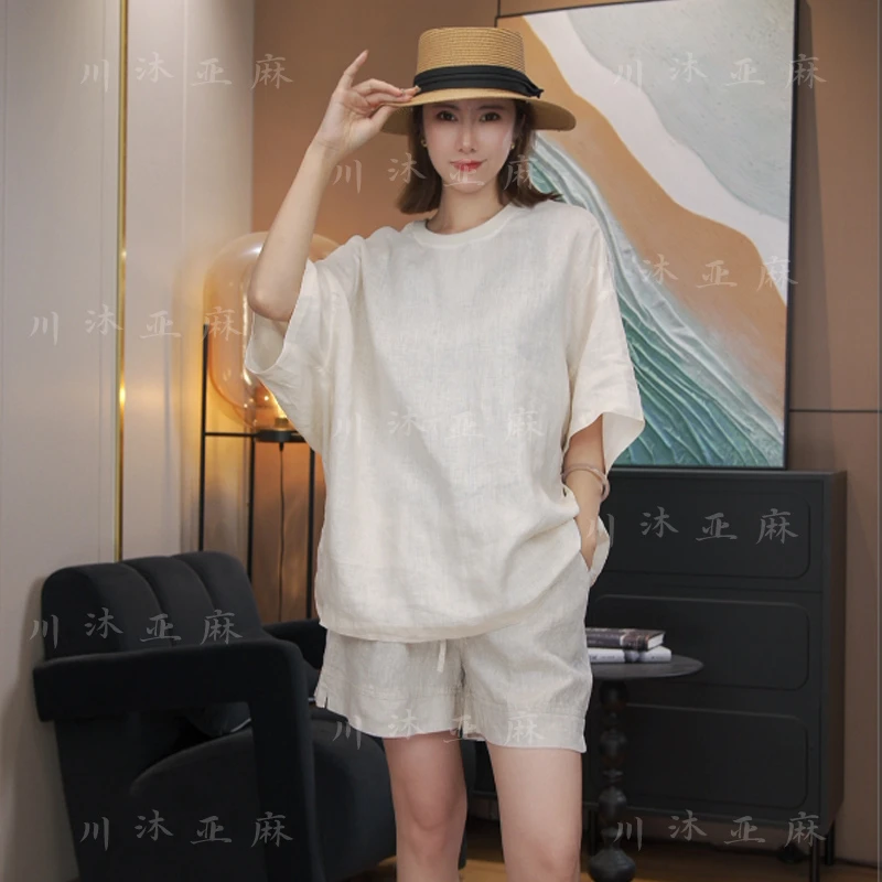 2025夏欧韩时尚亚麻圆领短袖设计感麻料蝙蝠袖百搭休闲宽松T恤女