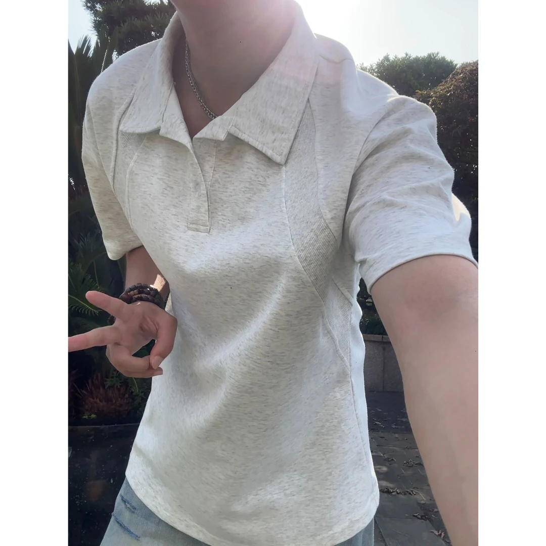 白花灰色正肩短袖男款夏季polo衫拼接设计感t恤重磅衬衫领五分袖