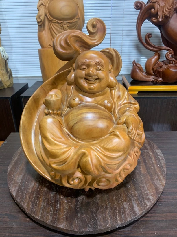 木雕工艺品摆件香樟木弥乐佛