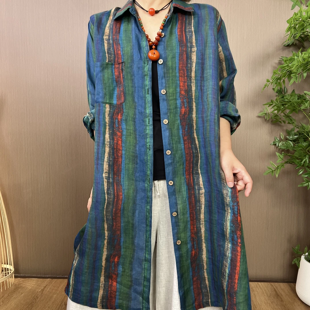 春夏新款6602苎麻100炒色做旧衬衫版中长款防晒花色上衣