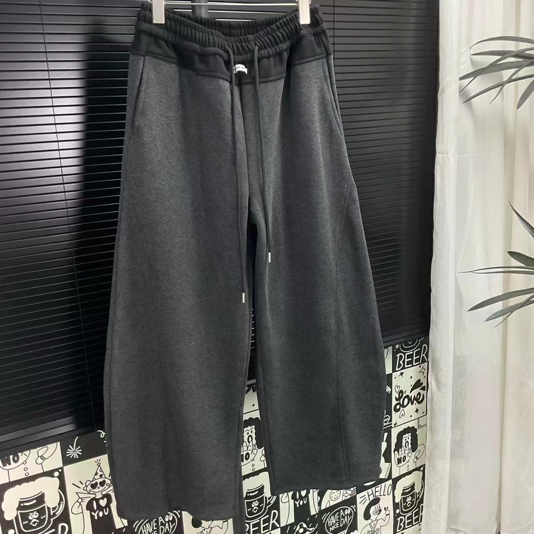 高腰休闲加绒加厚秋冬款超爆宽松百搭撞色腰阔腿弯刀休闲裤