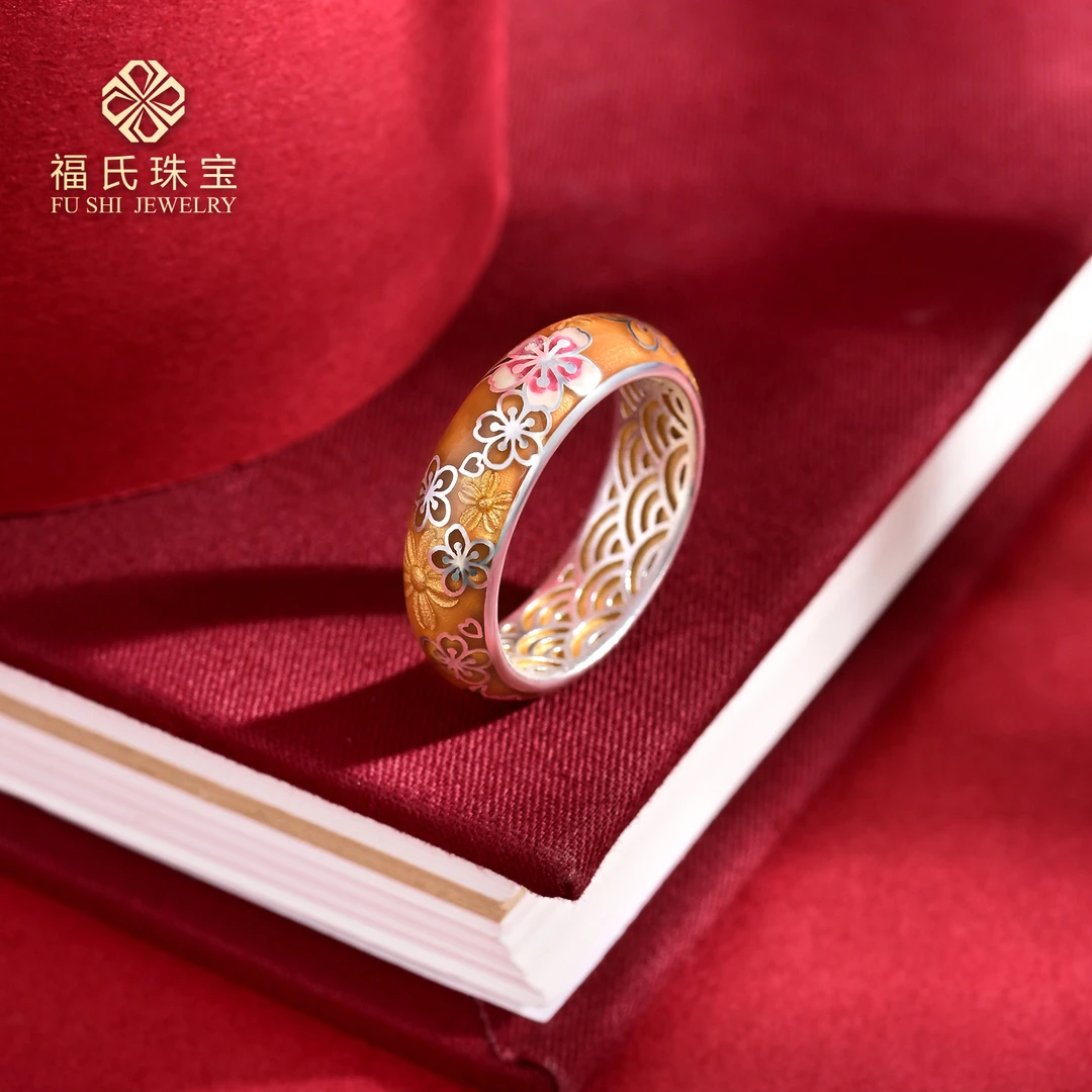 FUSHI/福氏 足银戒指 9999 鎏光景泰蓝陌上花开戒指 约7.5g