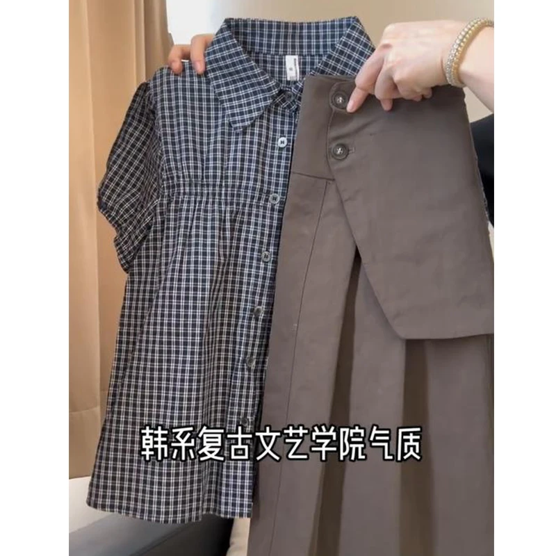 法式气质格子短袖衬衫上衣高腰显瘦工装半身裙套装女夏新款两件套