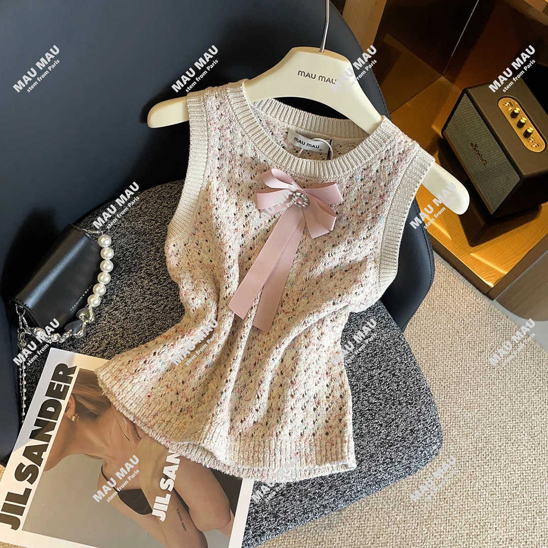 MIUMEN25夏季新款甜美温柔风蝴蝶结镂空针织衫背心上衣DY8073