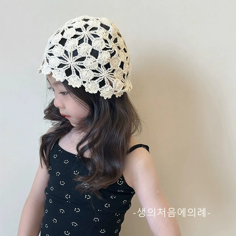 时髦精 花朵镂空包头帽儿童春夏季薄款针织帽女童洋气时尚遮阳帽