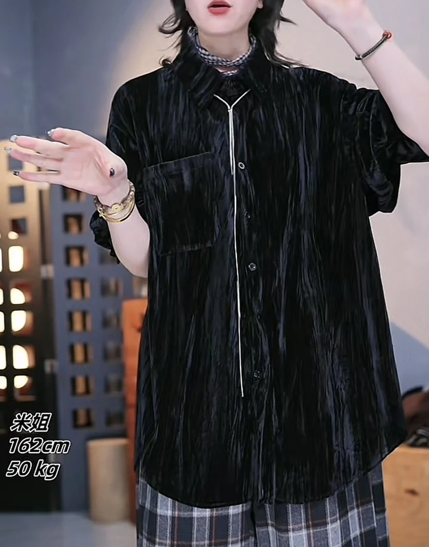 大米-秋季时尚显瘦百搭气质休闲长袖宽松 纯色绒衬衫-2176衬衣