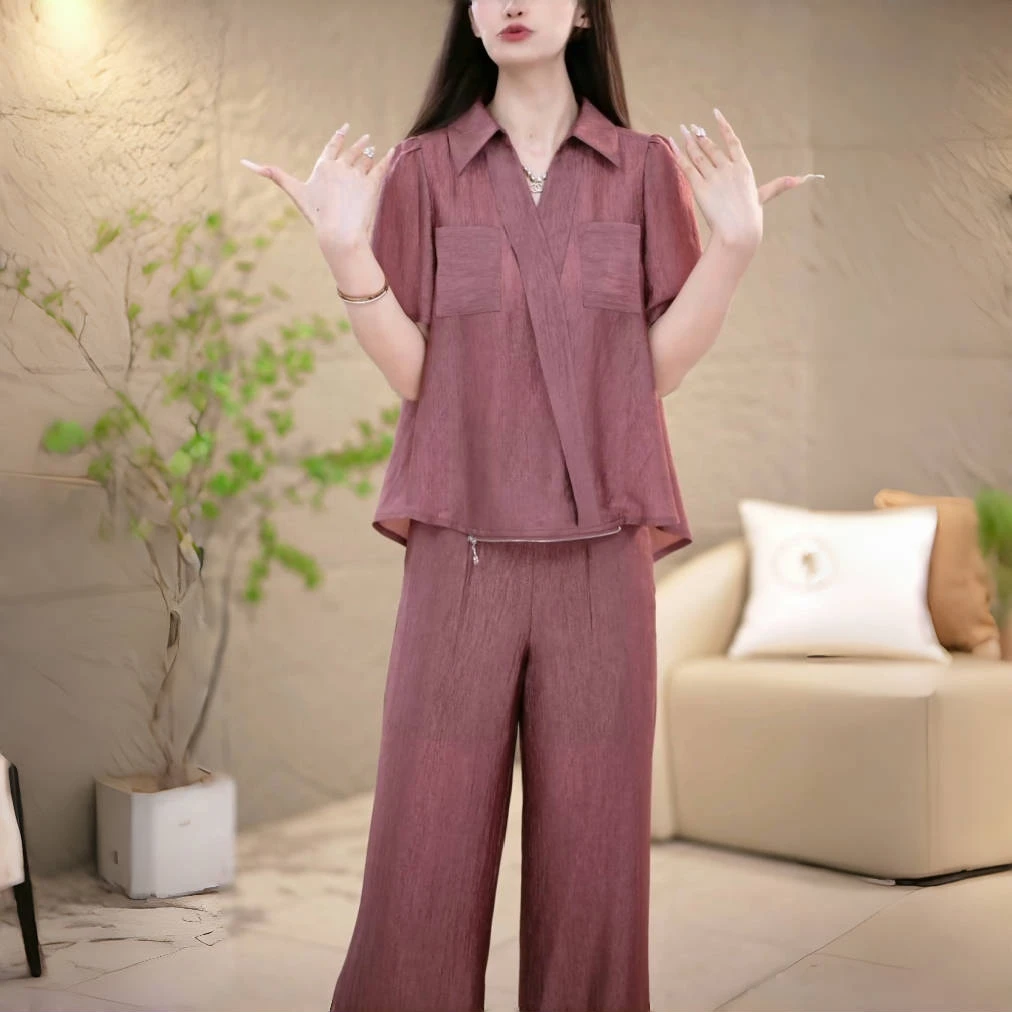 2025夏季新款时尚设计感遮肚子显瘦短袖上衣阔腿裤休闲两件套装女