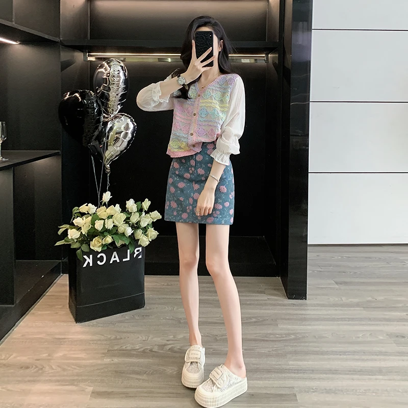 爆款V领显瘦小众设计感雪纺衫复古印花牛仔半身裙高腰包臀短裙装