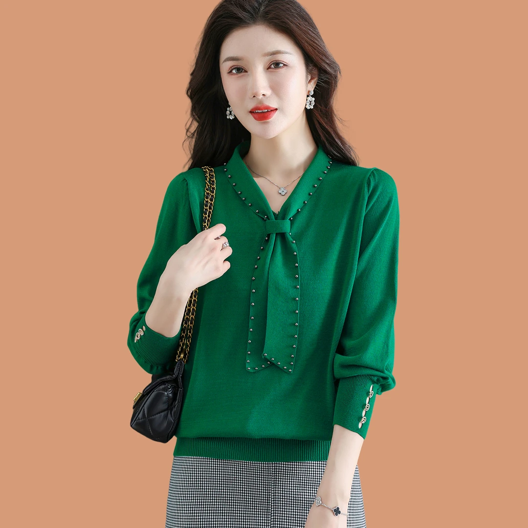 时尚针织打底衫女春秋装2025新款洋气中年妈妈宽松飘带薄长袖上衣