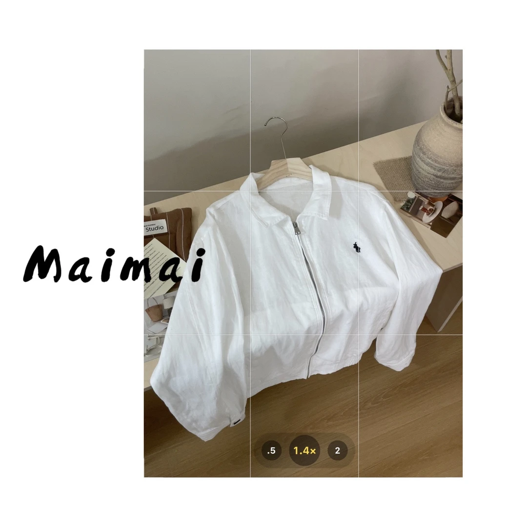 买买【100亚麻】韩系简约刺绣翻领短款夹克外套