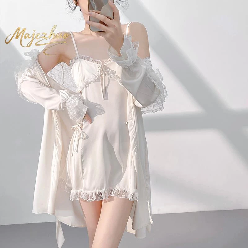 春夏季甜美吊带加长款睡袍女性感薄款吊带真丝睡裙纯欲风睡袍长袖