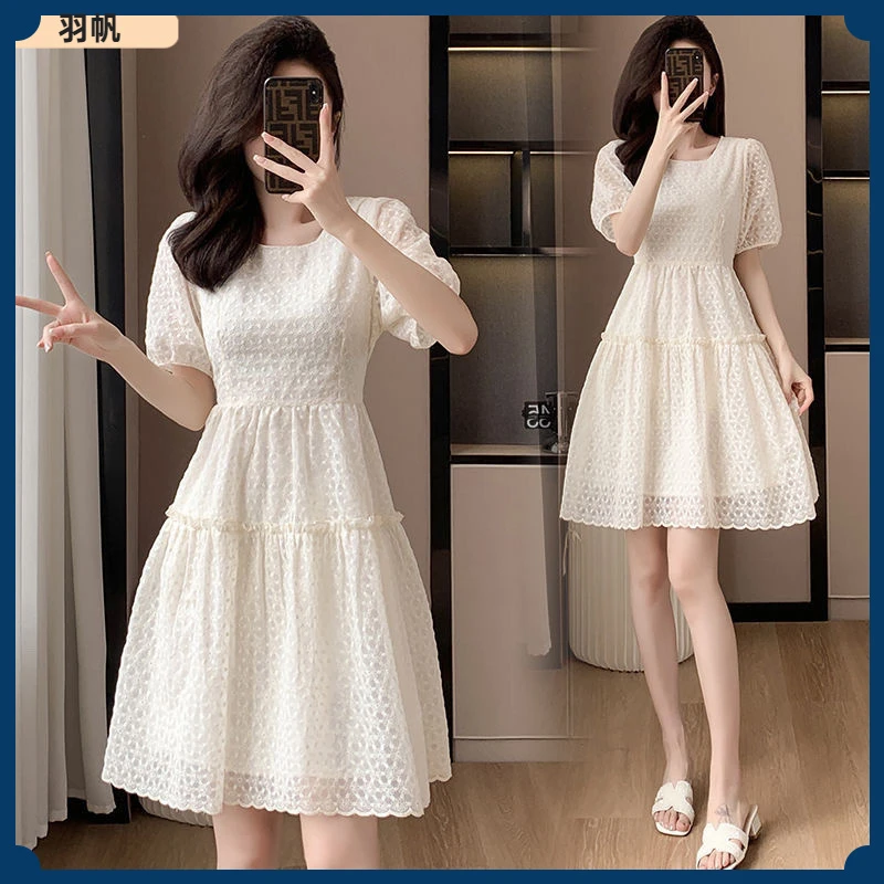 1甜美刺绣泡泡袖连衣裙女2025新款显瘦法式初恋超仙温柔风裙子I