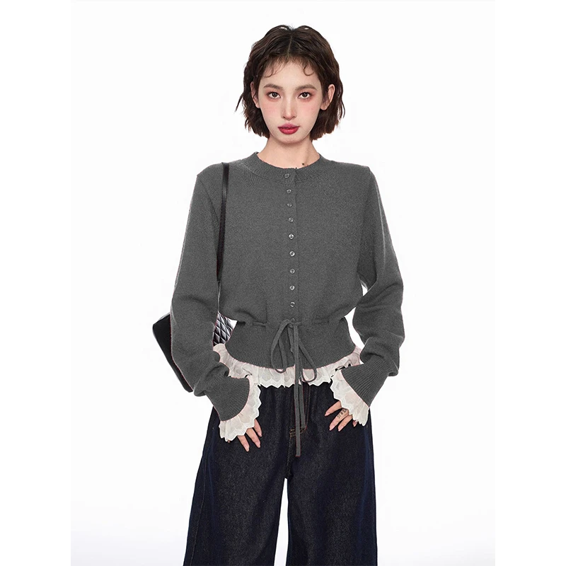 灰色假两件蕾丝针织毛衣女秋冬季内搭收腰小个子短款开衫外套上衣