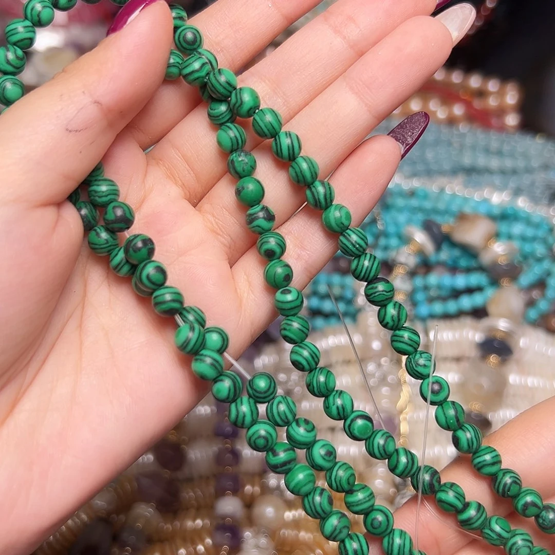 玛瑙/玉髓足银镶嵌珠宝半成品E459孔雀石圆珠6mm