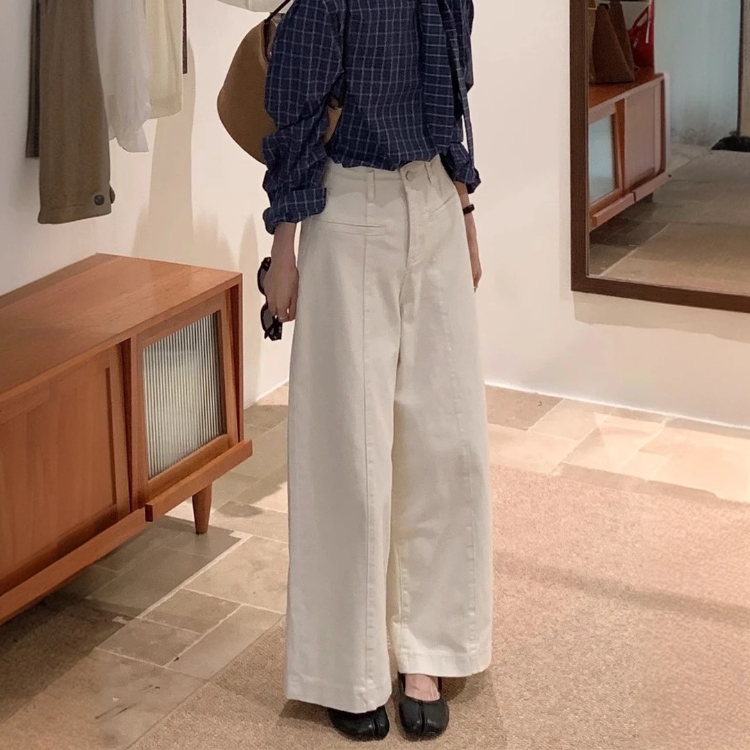 韩版中线阔腿白色休闲裤女2025春夏新款高腰直筒高级长裤子