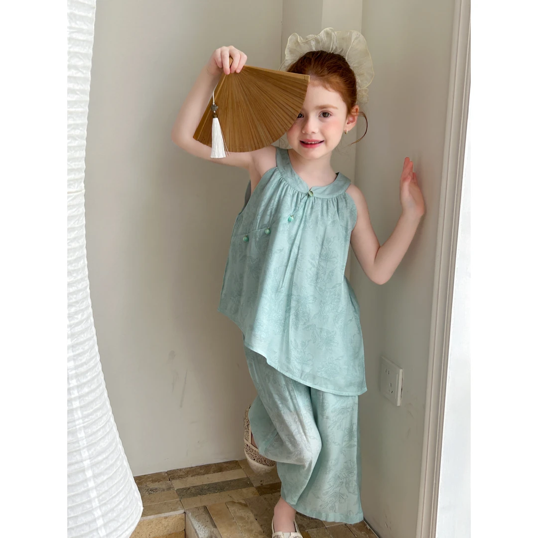 57198夏季新款女童中国风旗袍套装儿童背心长裤两件套新中式套装