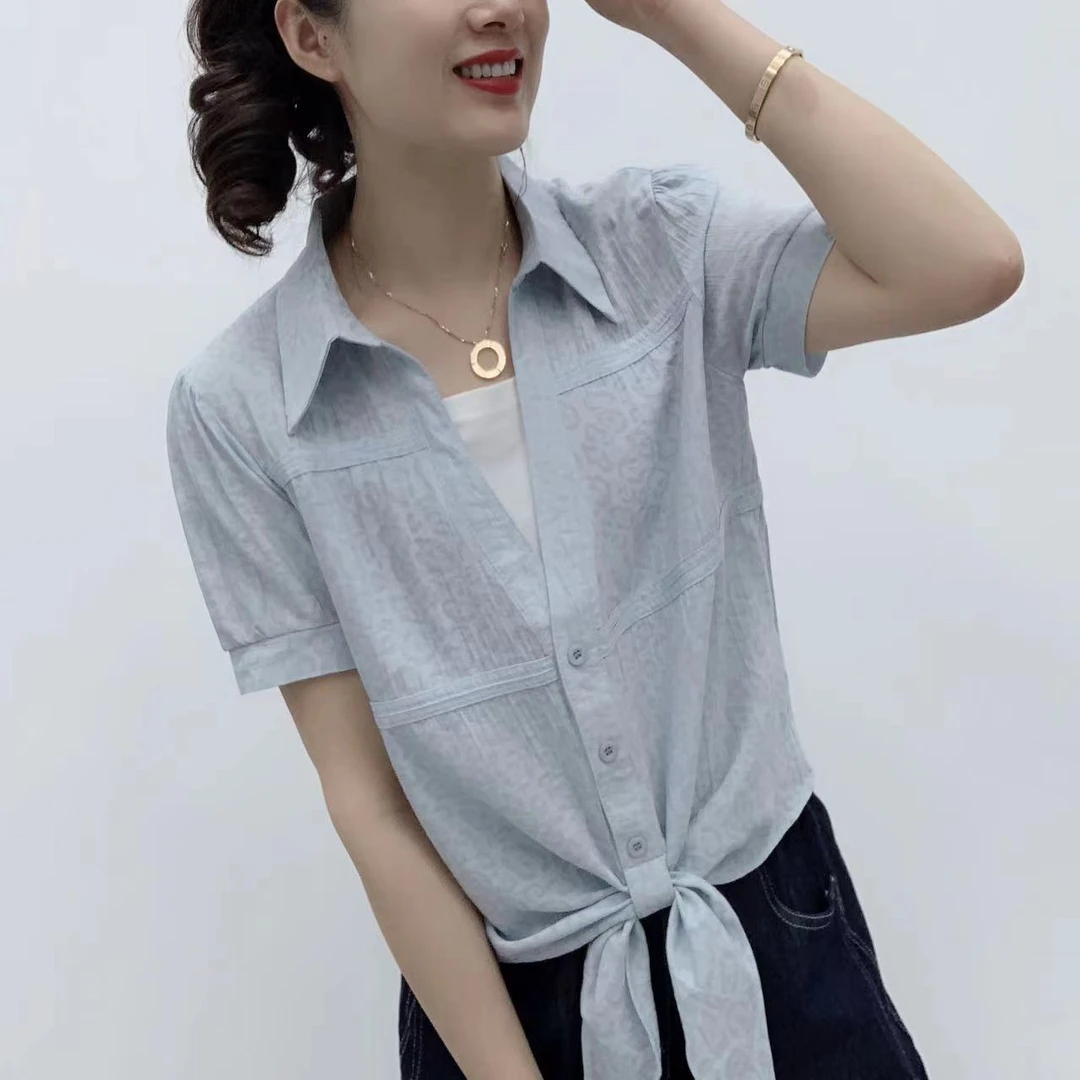 夏季时尚系带设计假两件衬衫减龄显瘦洋气短袖百搭上衣