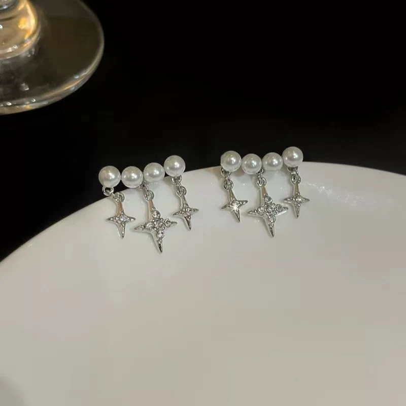 铜合金锆石耳饰 简约四芒星流苏耳环女轻奢高级感小众设计时尚气