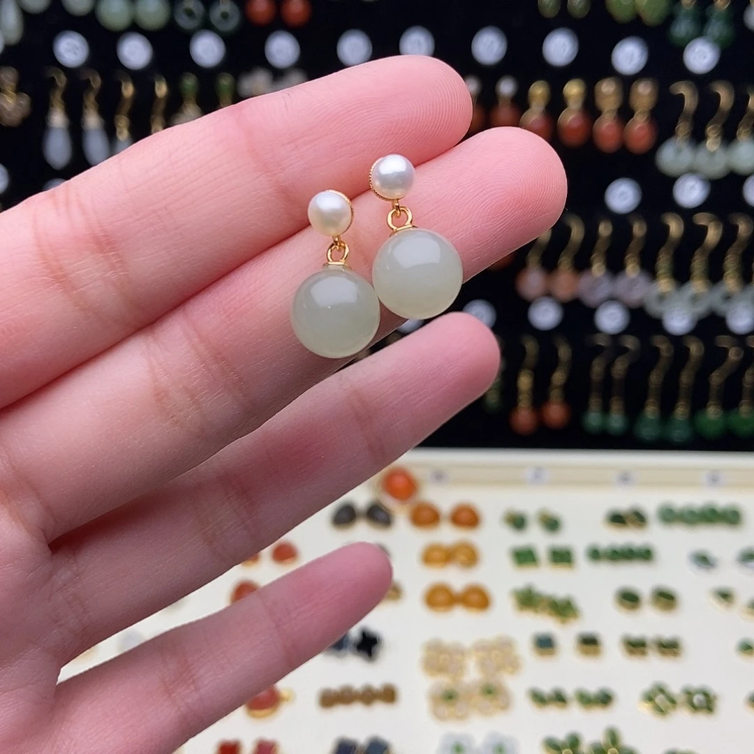 和田玉银S925镀金镶嵌耳饰