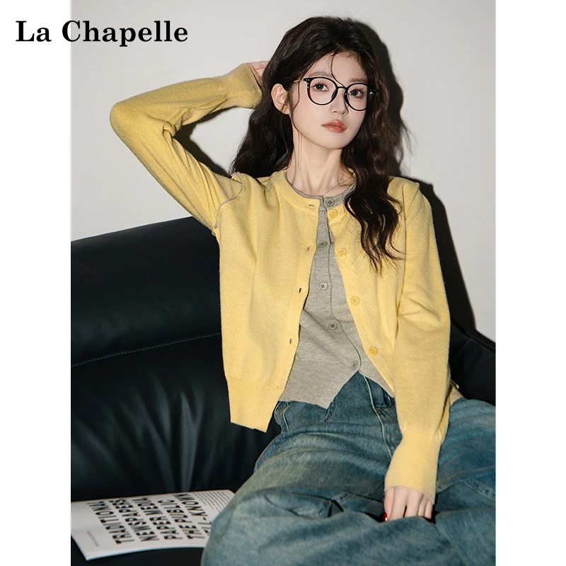 拉夏贝尔假两件拼接长袖针织开衫2025春秋设计感气质小众软糯上衣