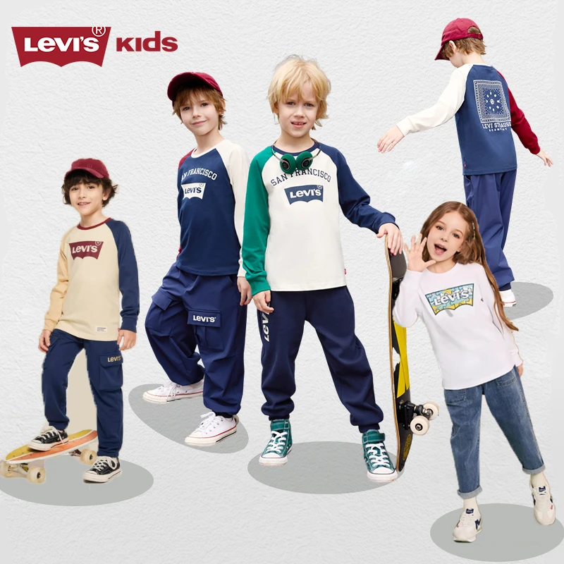 Levi's李维斯儿童长袖T恤秋季新款男童女童纯棉套头圆领上衣J602