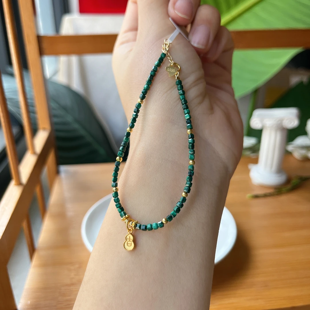 【郭老师】孔雀石方形切割搭S925银葫芦吊坠配件手链