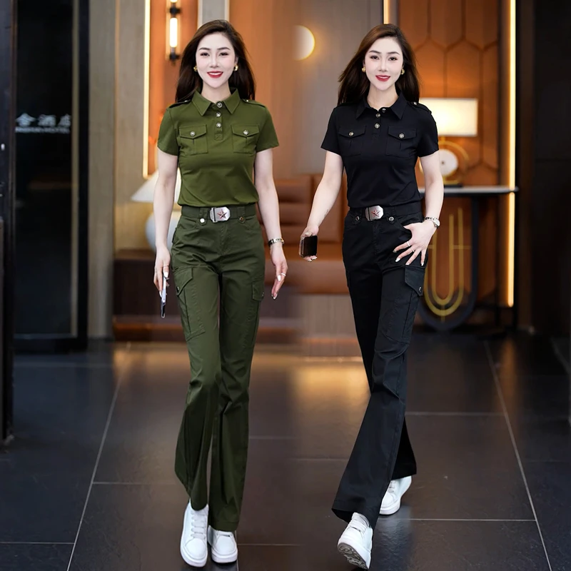 夏季时尚工装套装女透气翻领修身短袖微喇显瘦显高喇叭裤两件套