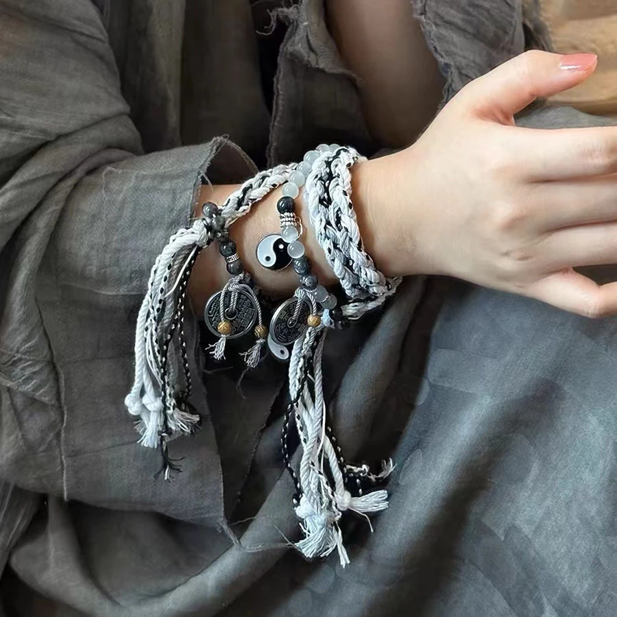 非金属布艺手链 手作双生太极山手串手绳编织小众饰品新中式S04