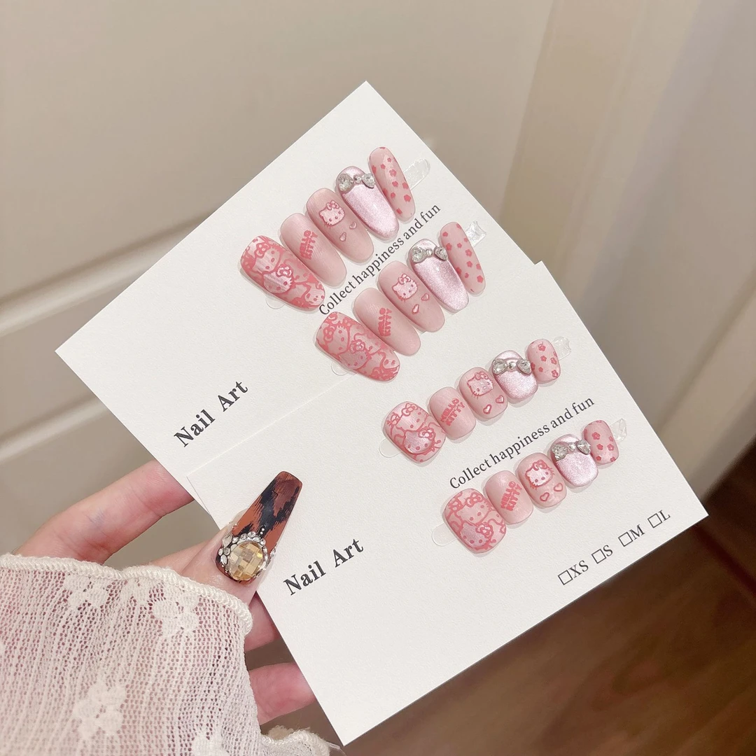 高级穿戴甲Jx纯手作穿戴甲甜美kitty猫眼磨砂美甲短款可爱百