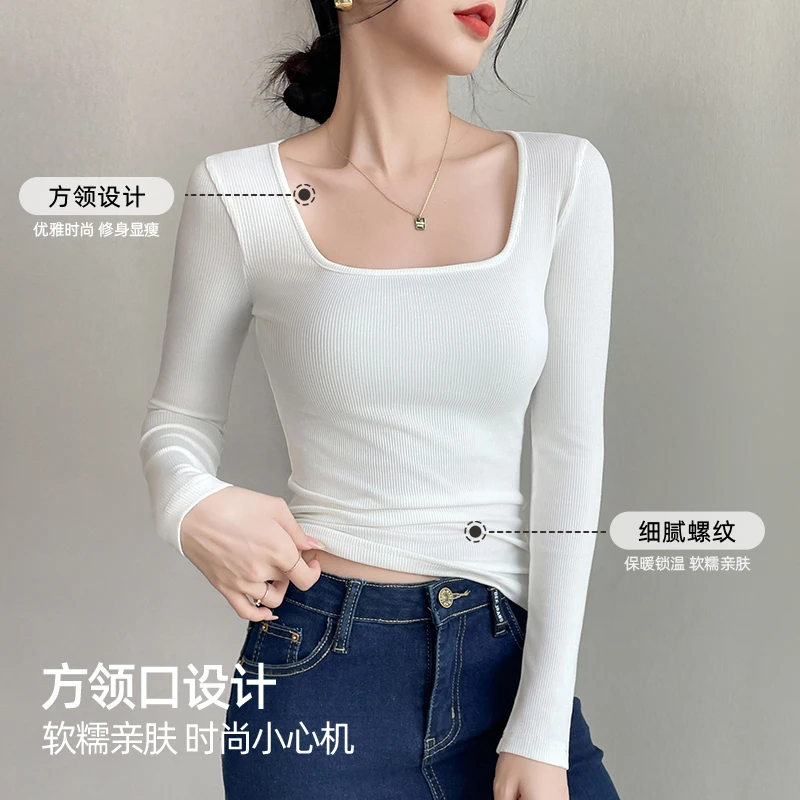 稻草人【TL2029】JS长袖方领T恤内搭打底衫女春秋修身显瘦气质上衣