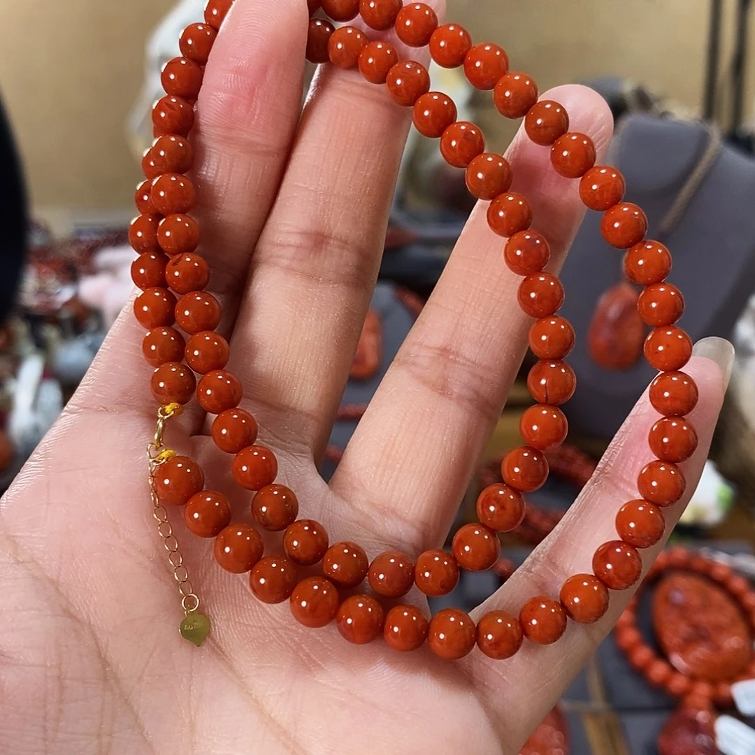 银S925镶嵌项链6mm原矿南红玛瑙英*