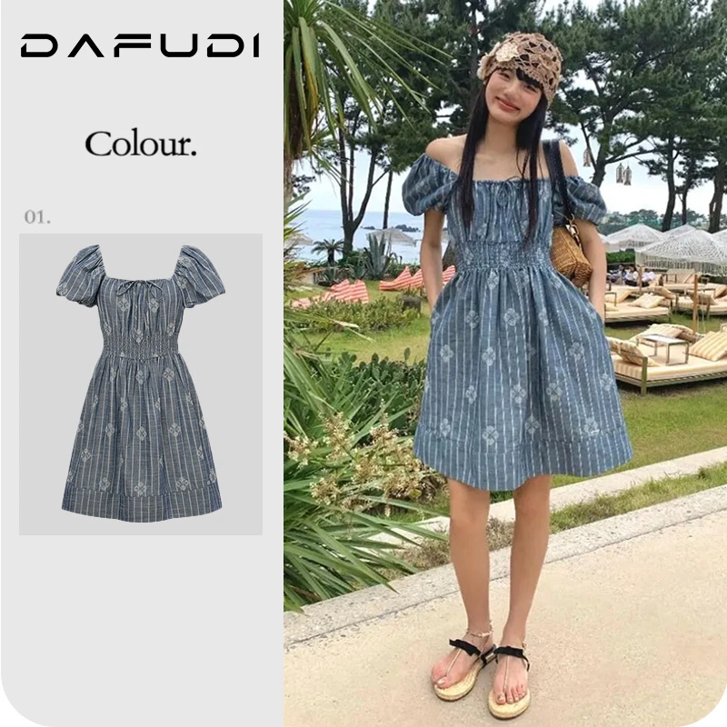 【连衣裙】2025夏季新款方领条纹泡泡袖收腰裙子女Z6480