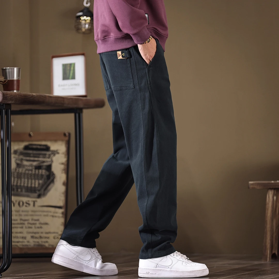 日系复古弹力工装休闲裤男秋冬新款潮流拼接宽松直筒锥形加绒裤子