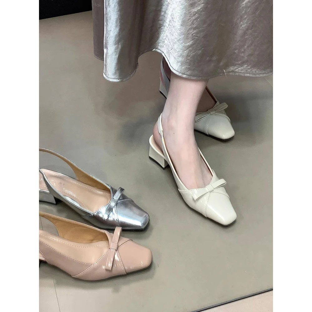 法式方头蝴蝶结粗跟包头凉鞋女2025夏季新款浅口配裙子后空单鞋子