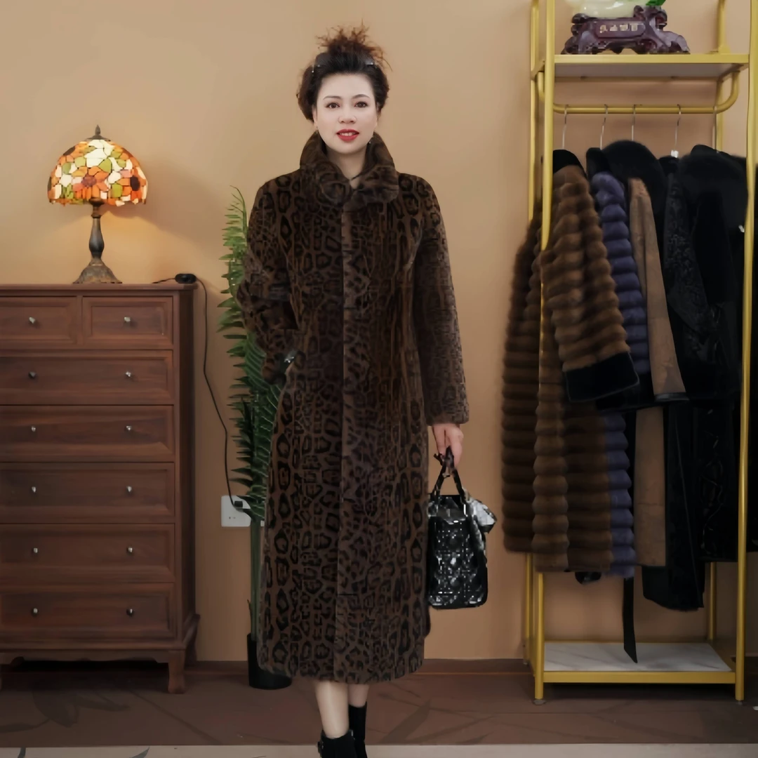 MOONLOTUS/月莲9078冬季时尚气质长款豹纹保暖设计师女士外套无