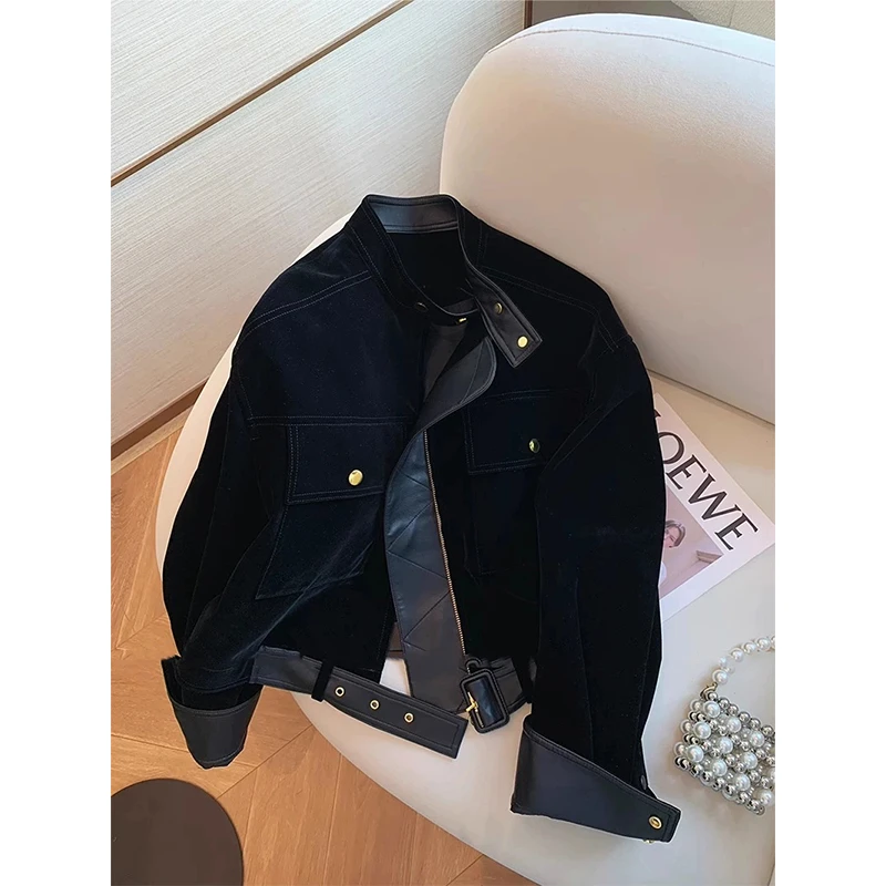 黑色pu皮拼接宽松立领短外套女2025秋季新款复古美式气质显瘦上衣